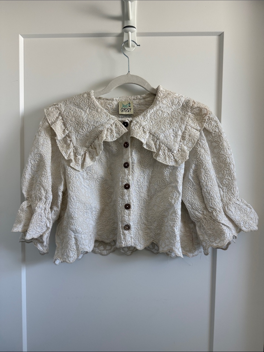 Jaded Gypsy Ivory Textured Ruffle Button-Up crop jacket